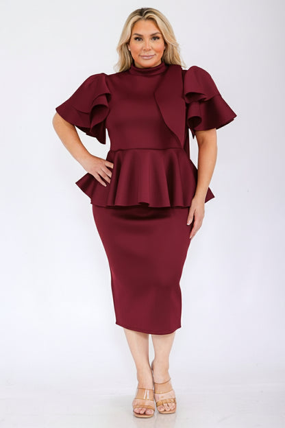 2828 Plus Size Women Bow Shoulder Ruffle Hem Top and Skirt Set