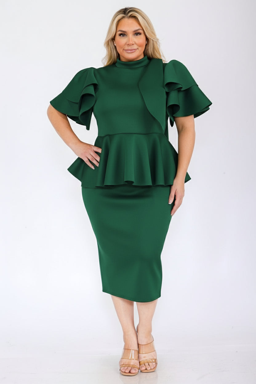 2828 Plus Size Women Bow Shoulder Ruffle Hem Top and Skirt Set