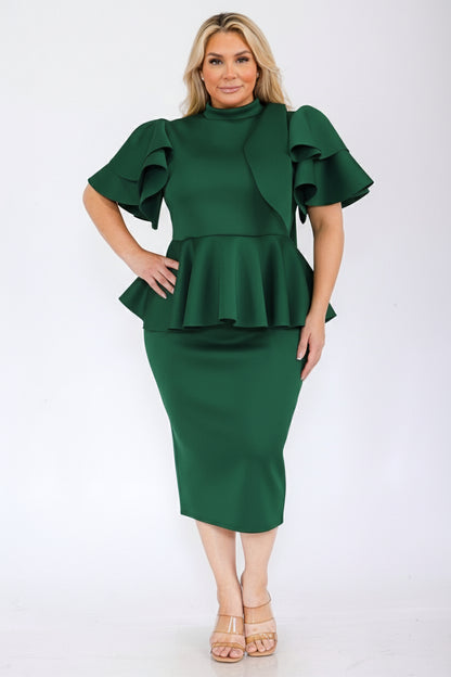 2828 Plus Size Women Bow Shoulder Ruffle Hem Top and Skirt Set