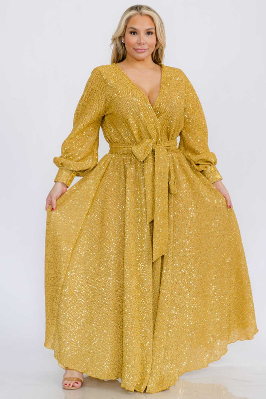 1050SQ PLUS Size Women Bishop Long Sleeve Shimmer Warp Flare Maxi Dresses