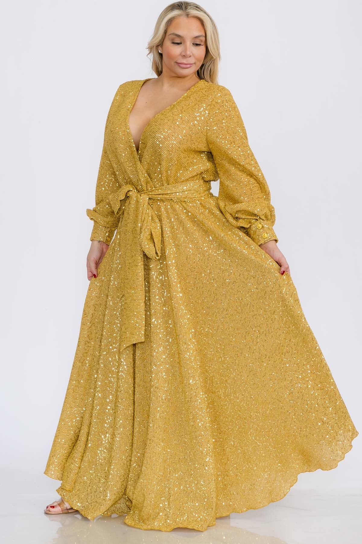 1050SQ PLUS Size Women Bishop Long Sleeve Shimmer Warp Flare Maxi Dresses