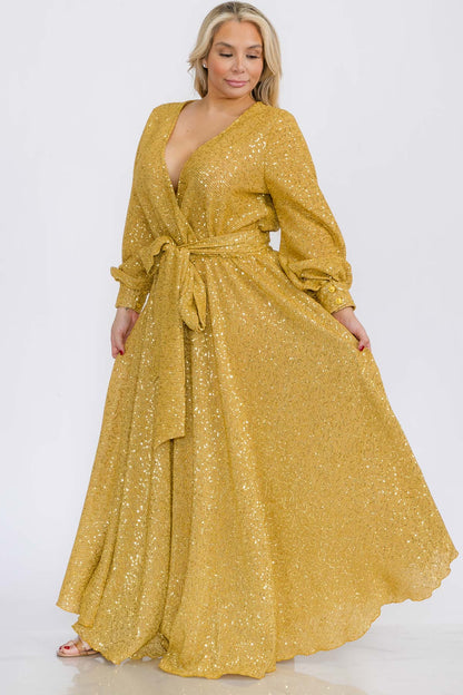 1050SQ PLUS Size Women Bishop Long Sleeve Shimmer Warp Flare Maxi Dresses