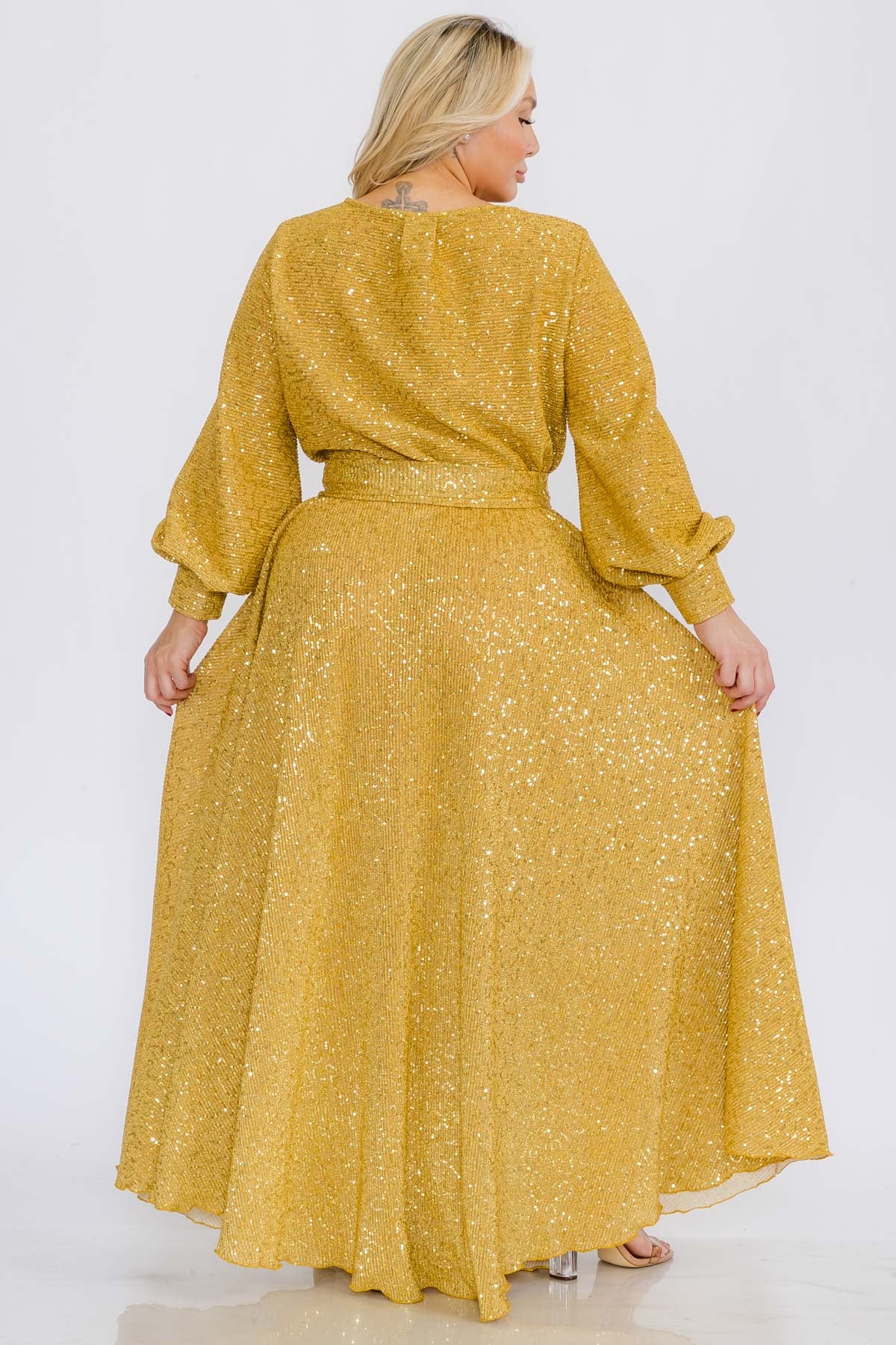 1050SQ PLUS Size Women Bishop Long Sleeve Shimmer Warp Flare Maxi Dresses