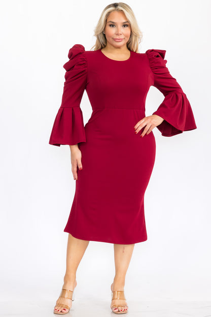 2948 Plus Size Puffy Long Bell Sleeves Fit and Relax Midi Dress