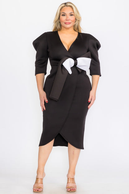 2942 Plus Size Puffy Cap 3/Sleeves Wrap Peplum Midi Dresses with Bow Waist Detail