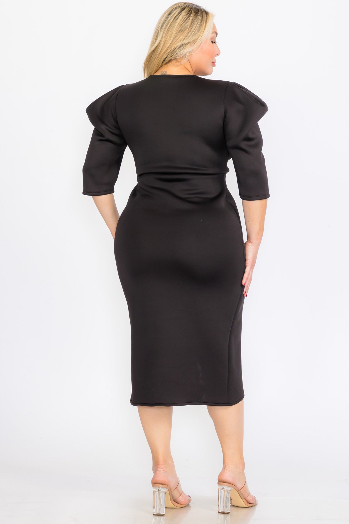 2942 Plus Size Puffy Cap 3/Sleeves Wrap Peplum Midi Dresses with Bow Waist Detail