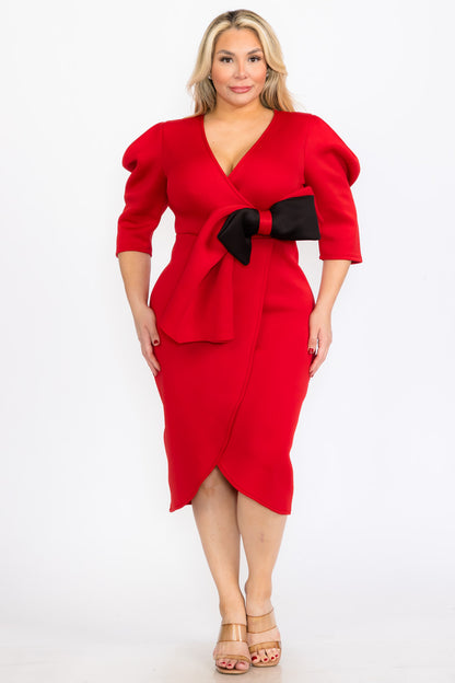 2942 Plus Size Puffy Cap 3/Sleeves Wrap Peplum Midi Dresses with Bow Waist Detail