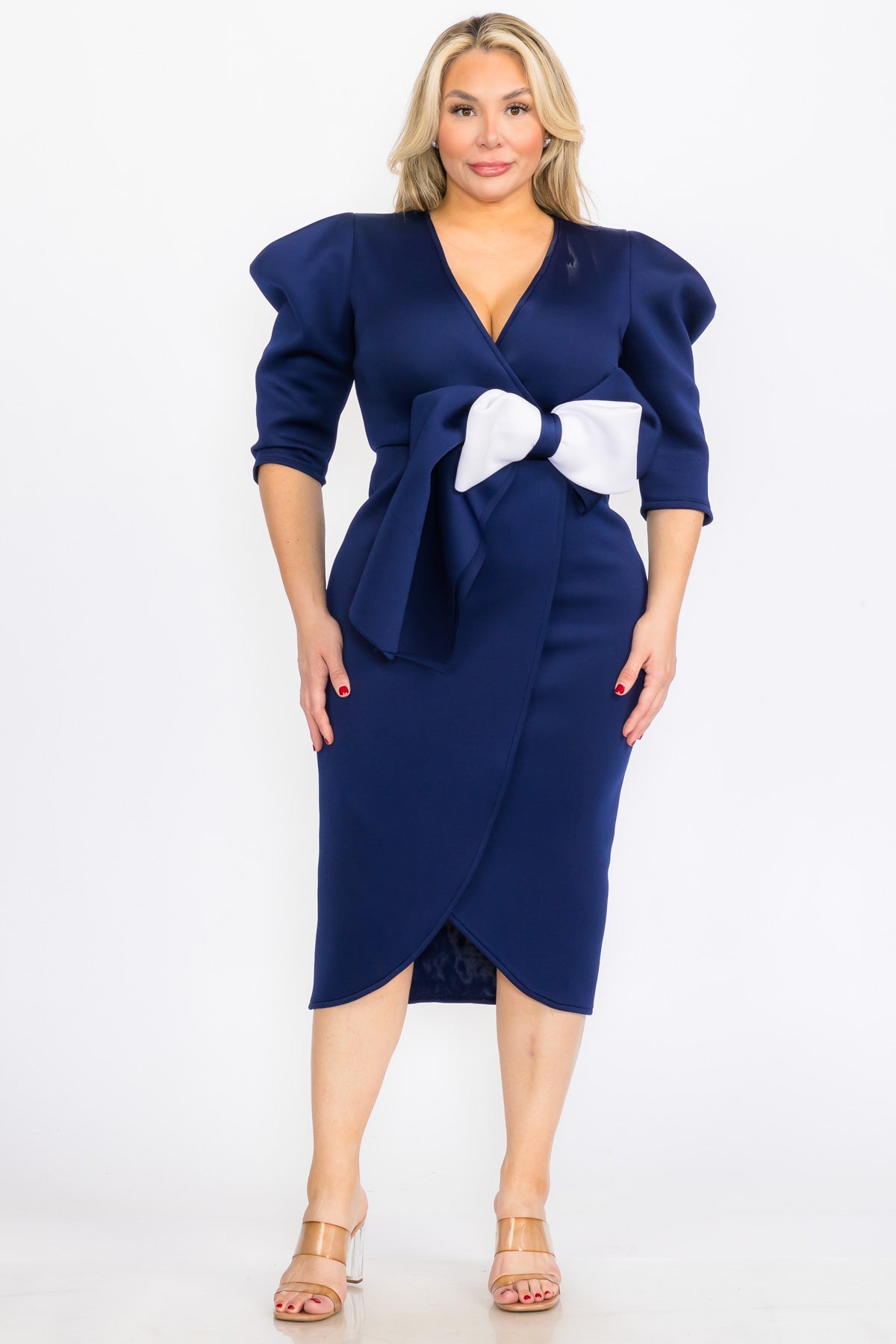 2942 Plus Size Puffy Cap 3/Sleeves Wrap Peplum Midi Dresses with Bow Waist Detail