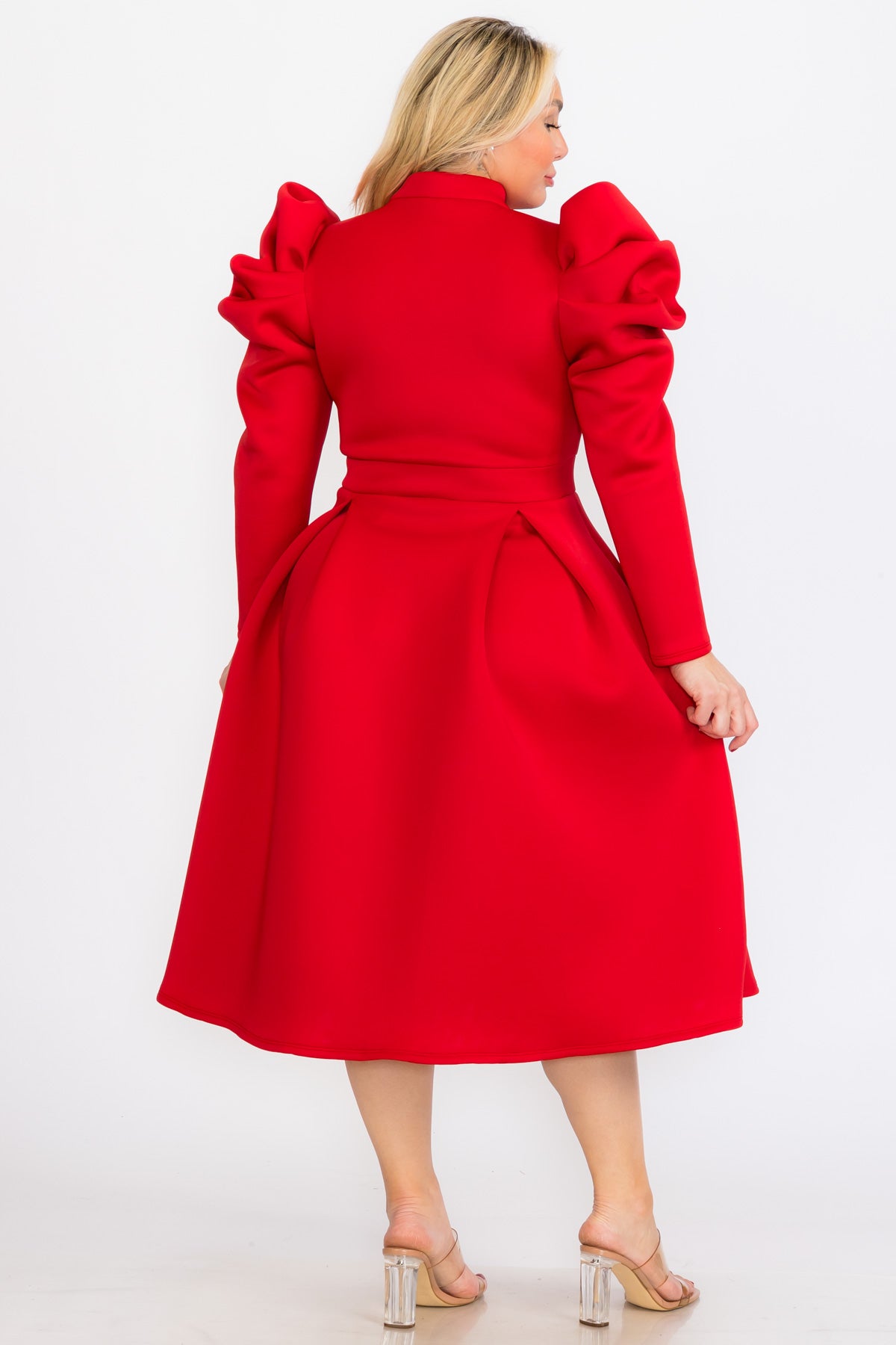 2934 Plus Size Women Turtle neck Fluffy Sleeves Button Down  Flare Midi Dress with Pocket