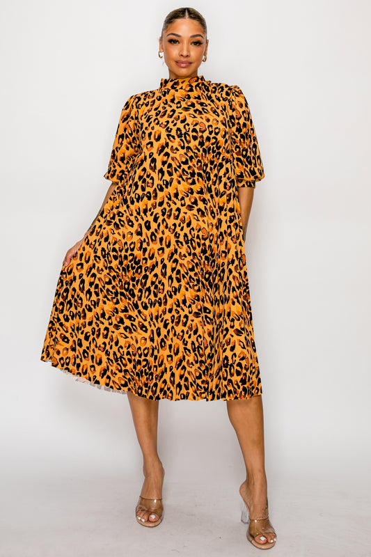 Women Animal Print Crepe Techno Plates Dress