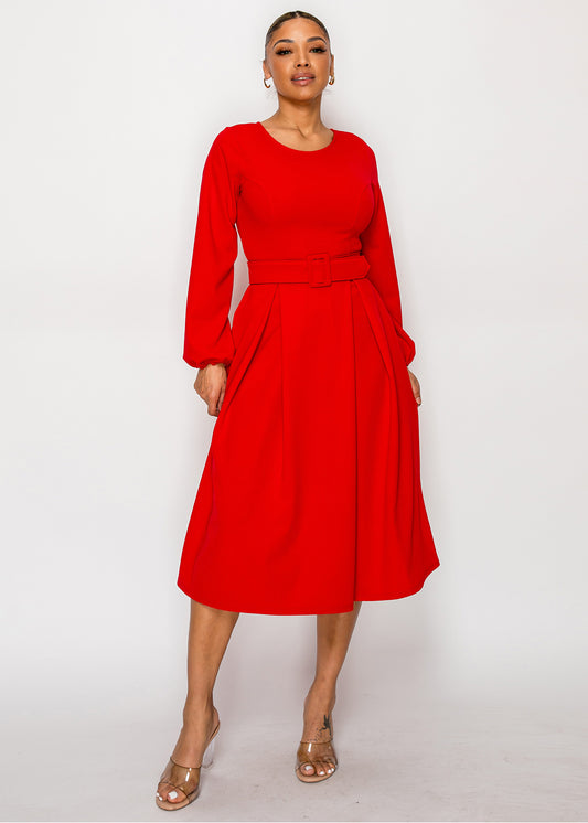 2955  Women Bishop Sleeves Round Flare Midi Dress with Belted regular size