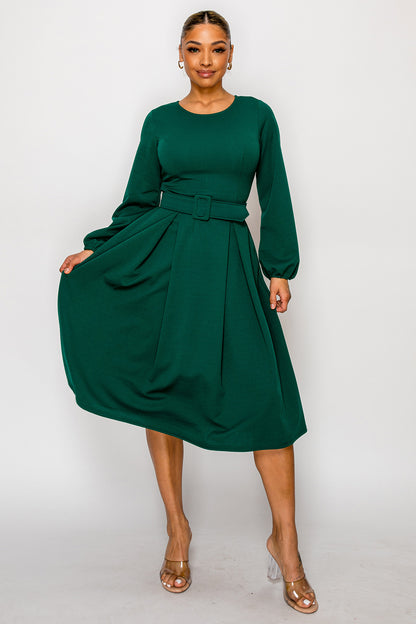 2955  Women Bishop Sleeves Round Flare Midi Dress with Belted regular size