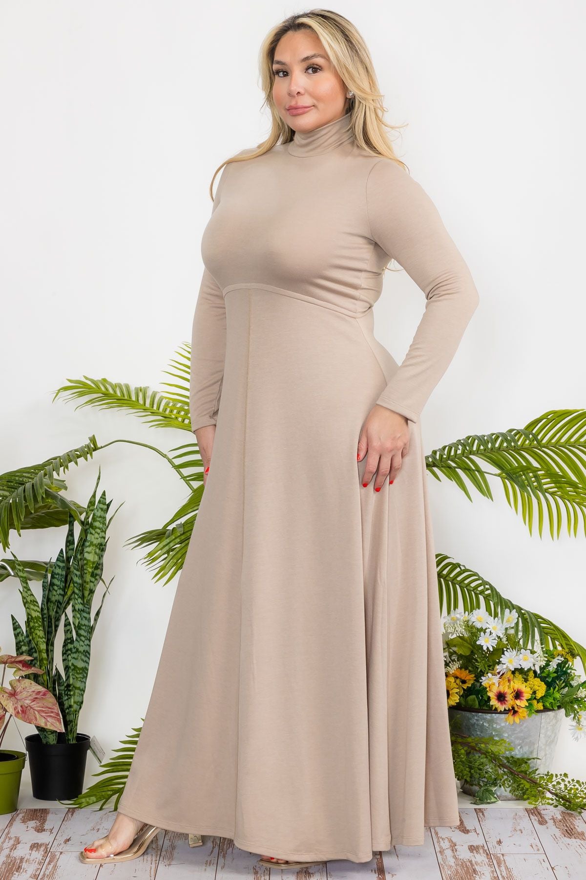 2960 Plus Size Monk Neck Flare Maxi Dress with Zipper Back and French Terry Fabric