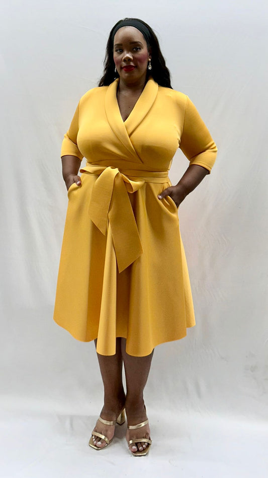 2937 Plus Size 3/4 Sleeves  Flowy Warp Midi Flare  Pockets and belt