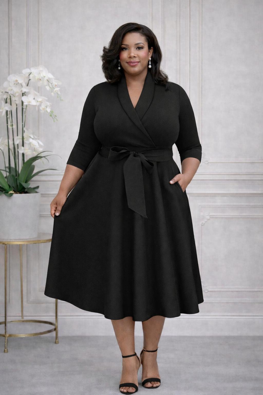 2937 Plus Size 3/4 Sleeves  Flowy Warp Midi Flare  Pockets and belt