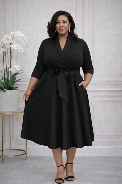 2937 Plus Size 3/4 Sleeves  Flowy Warp Midi Flare  Pockets and belt