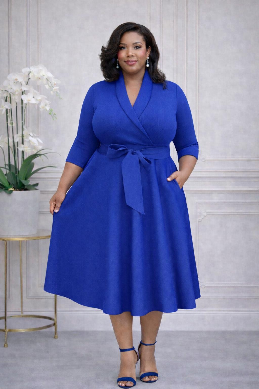 2937 Plus Size 3/4 Sleeves  Flowy Warp Midi Flare  Pockets and belt
