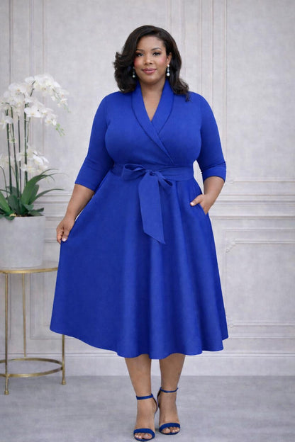2937 Plus Size 3/4 Sleeves  Flowy Warp Midi Flare  Pockets and belt