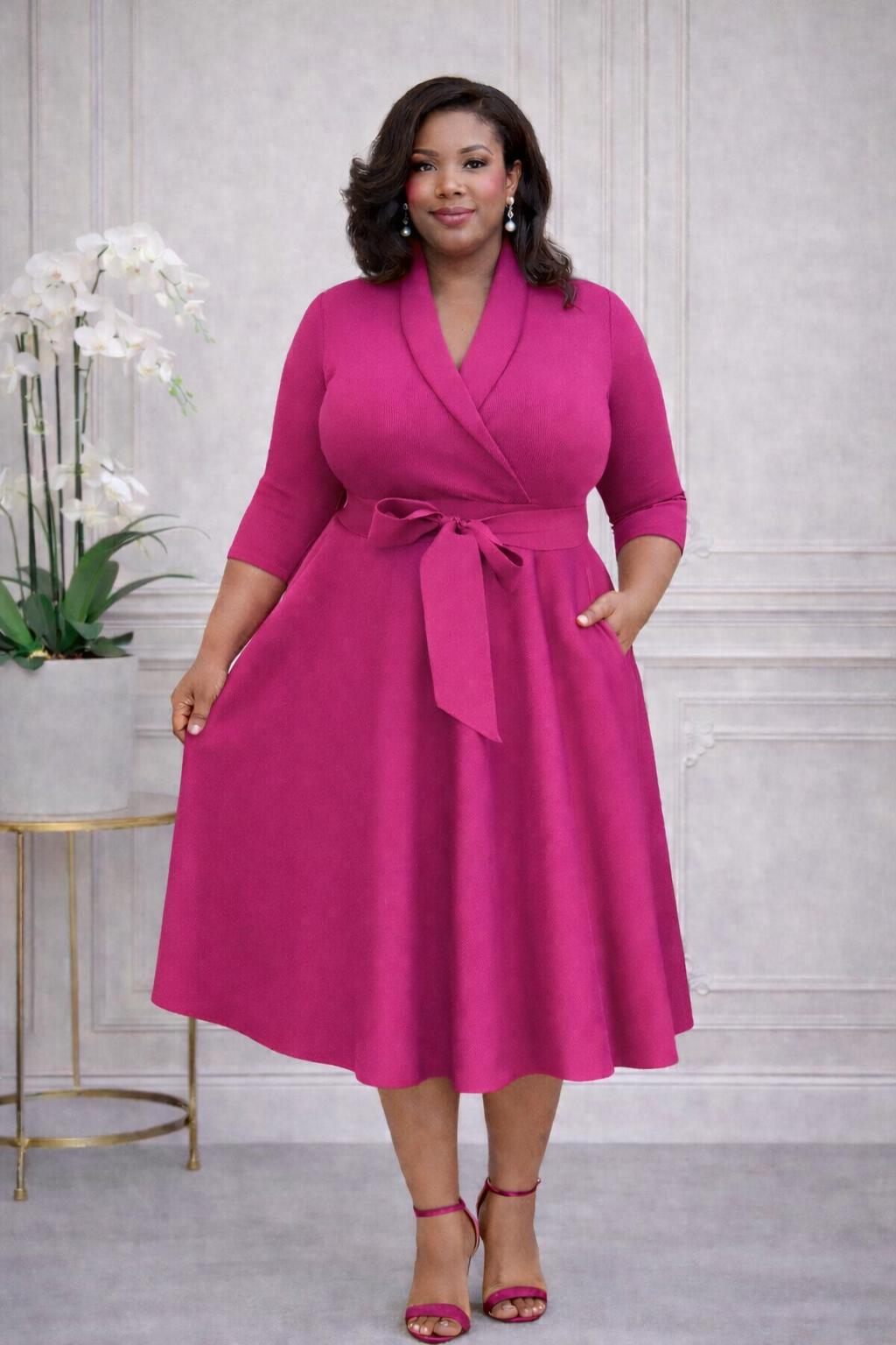 2937 Plus Size 3/4 Sleeves  Flowy Warp Midi Flare  Pockets and belt