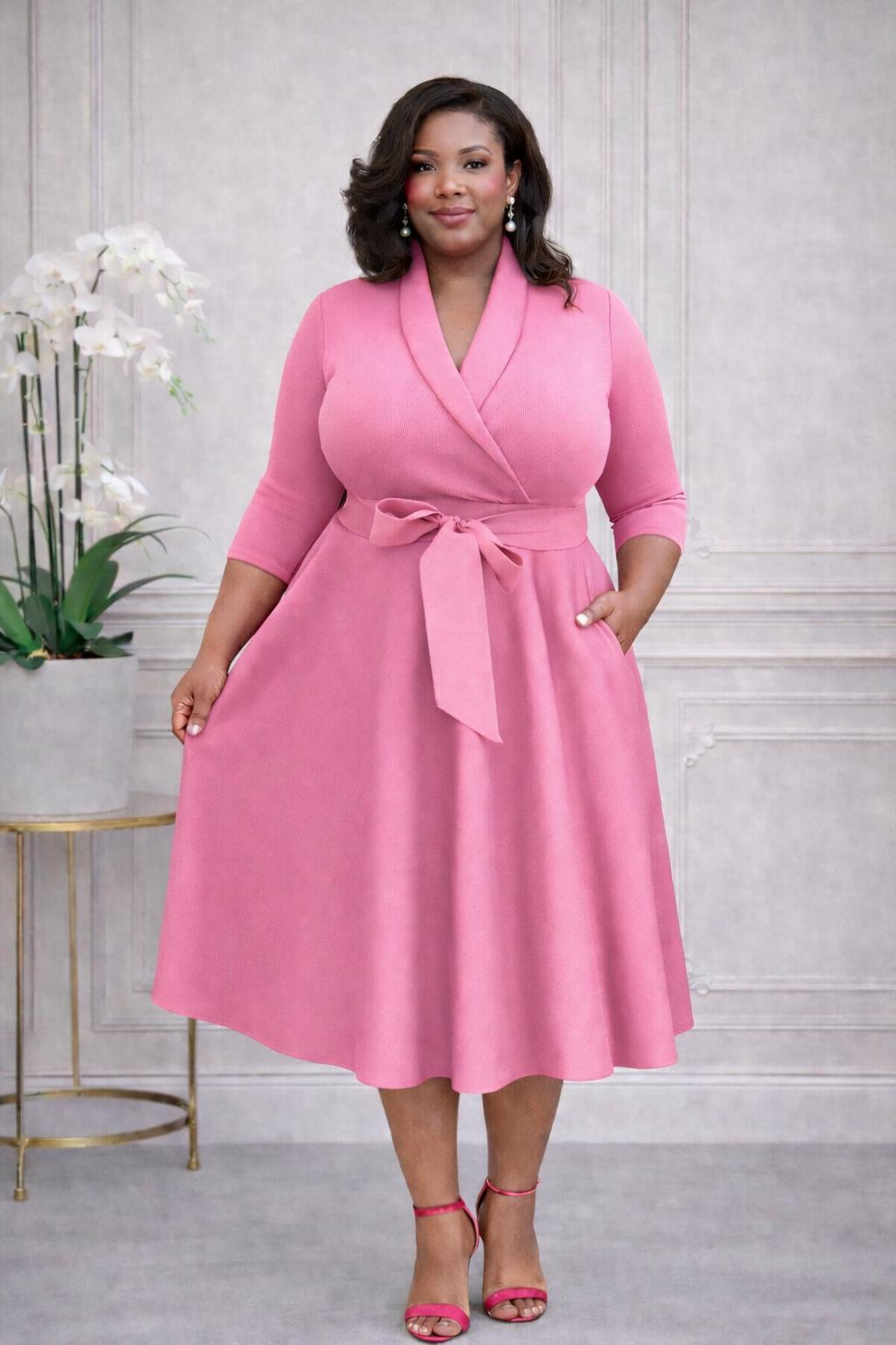 2937 Plus Size 3/4 Sleeves  Flowy Warp Midi Flare  Pockets and belt