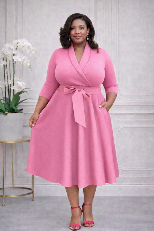 2937 Plus Size 3/4 Sleeves  Flowy Warp Midi Flare  Pockets and belt