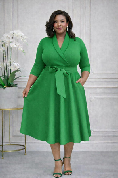 2937 Plus Size 3/4 Sleeves  Flowy Warp Midi Flare  Pockets and belt