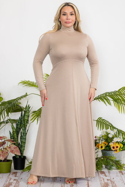 2960 Plus Size Monk Neck Flare Maxi Dress with Zipper Back and French Terry Fabric