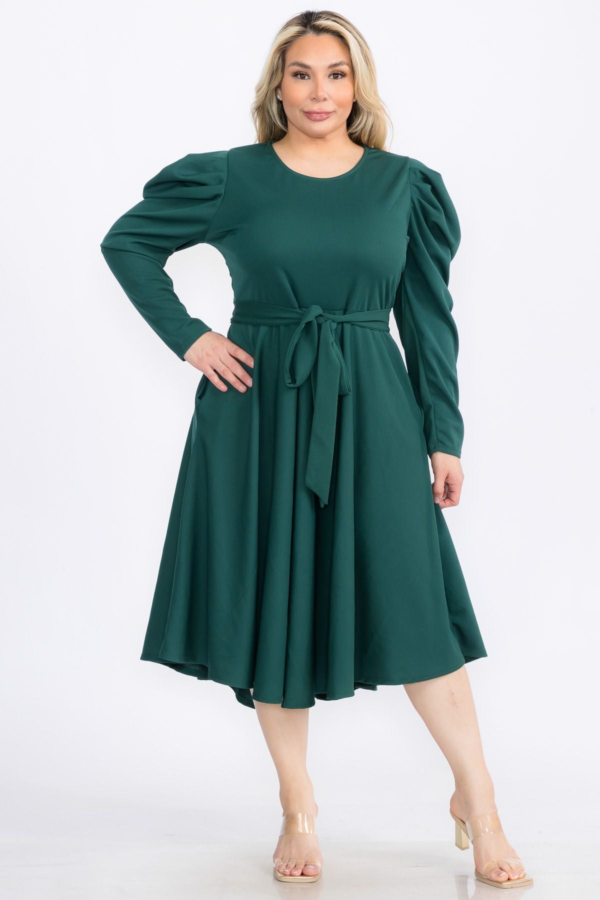 2959SO Smocked Cuff Raglan Sleeves Flare Midi Plated Dresses with Drawstring Waist