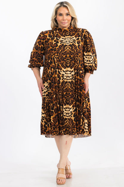 Plus Size Animal Skin Print Bishop Sleeves Pleated Knee Dress with Bow Tie Back