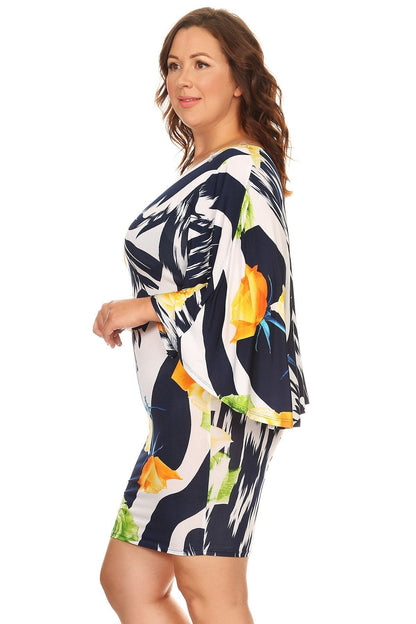 Plus Size Cape Detail Floral printed V-Neck Bodycon Dress White 1 Made in USA