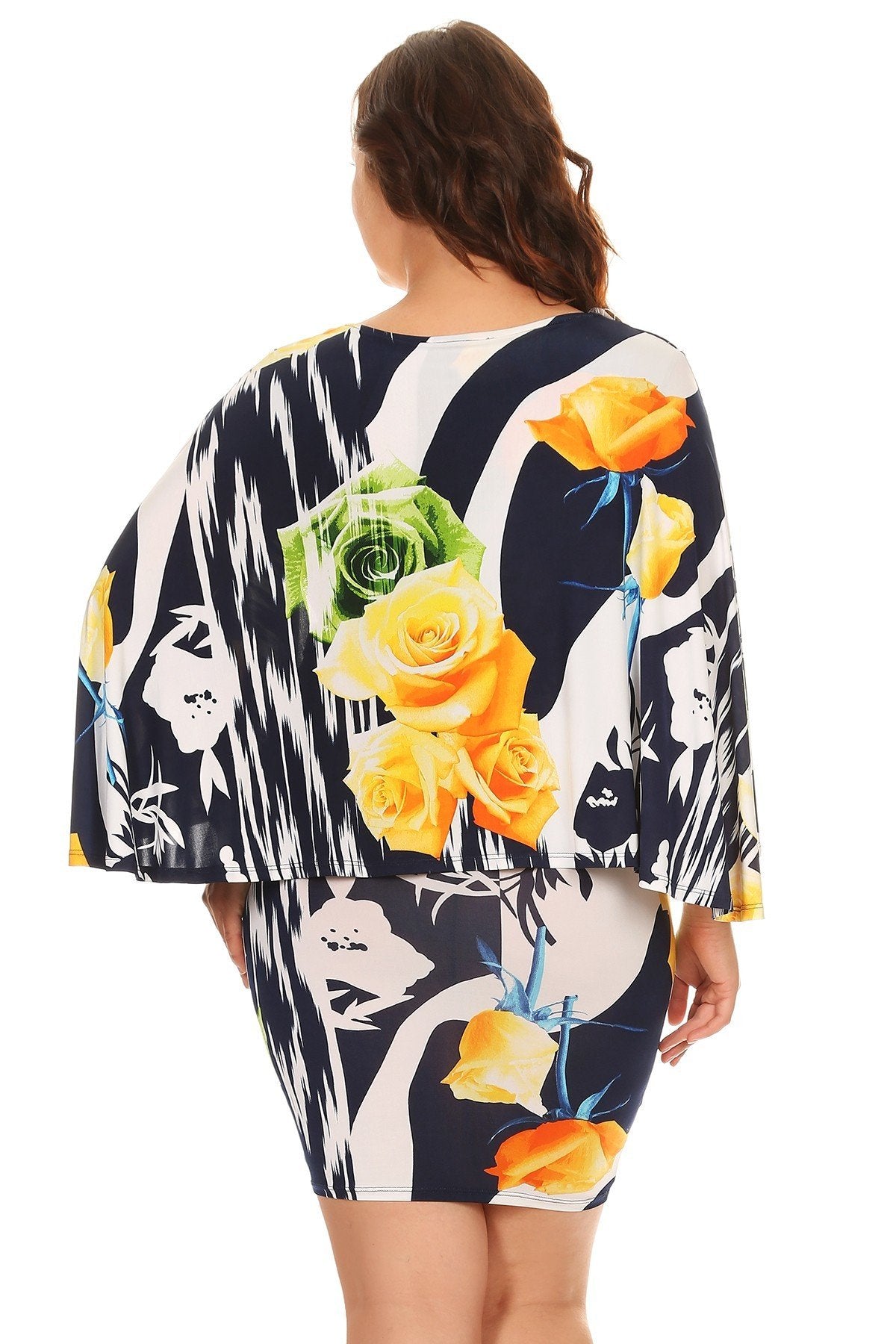 Plus Size Cape Detail Floral printed V-Neck Bodycon Dress White 2 Made in USA