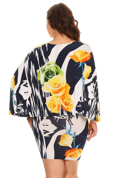 Plus Size Cape Detail Floral printed V-Neck Bodycon Dress White 2 Made in USA