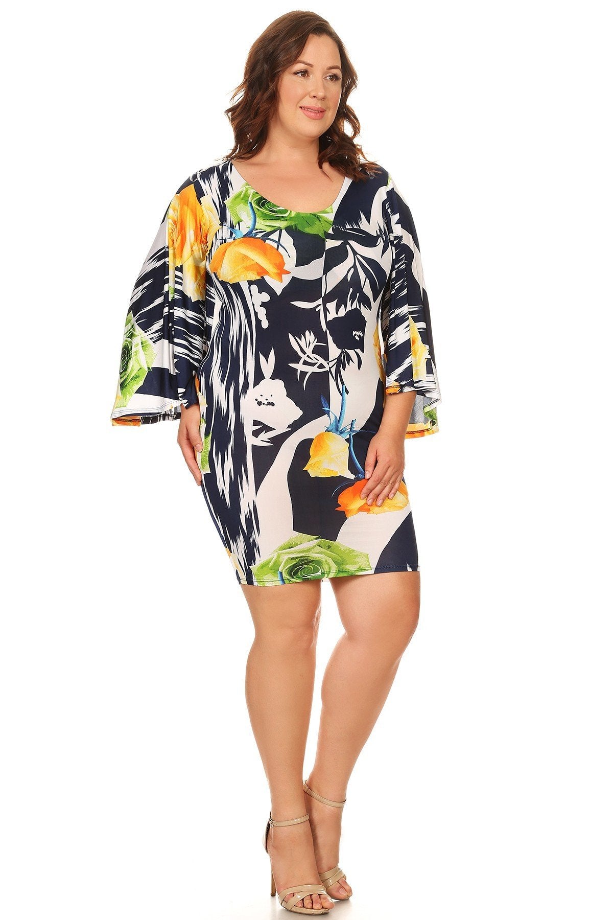 Plus Size Cape Detail Floral printed V-Neck Bodycon Dress White Made in USA