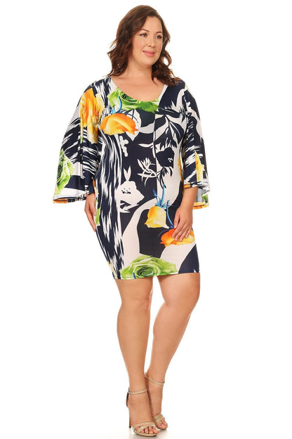 Plus Size Cape Detail Floral printed V-Neck Bodycon Dress White Made in USA