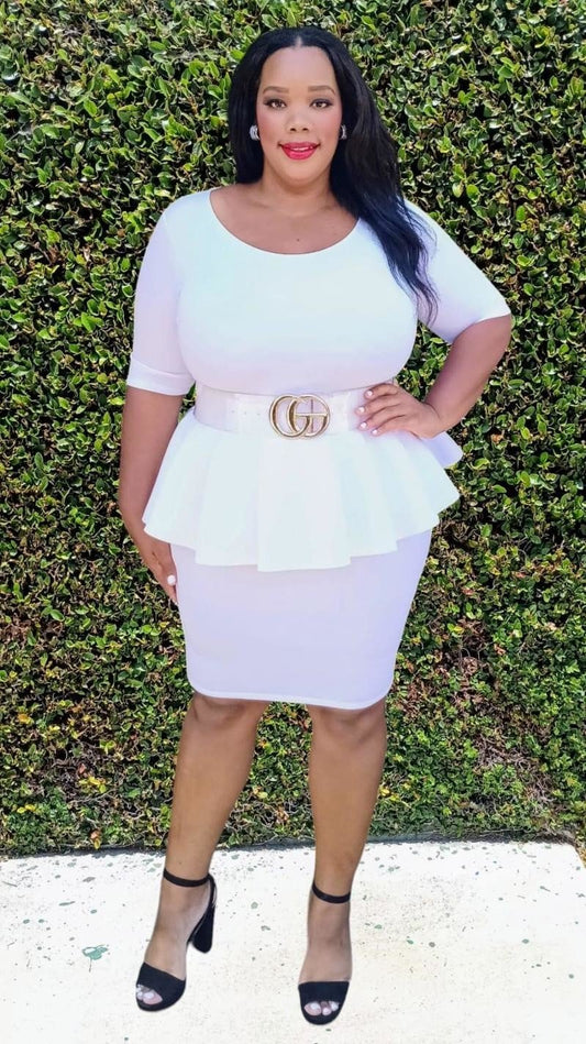 Plus Size Scuba Round  Neck Ruff Hem Peplum Knee Dress
