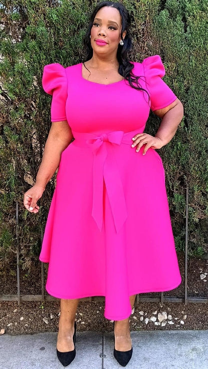 Plus Size short puff sleeves V-Neck Flowy Flare Midi Dress with Pockets and Belt NAVY fUCHSIA