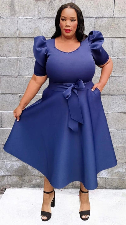 Plus Size short puff sleeves V-Neck Flowy Flare Midi Dress with Pockets and Belt NAVY