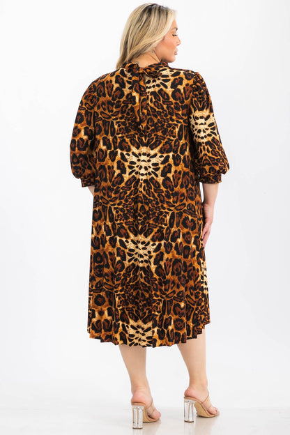 Plus Size Animal Skin Print Bishop Sleeves Pleated Knee Dress with Bow Tie Back