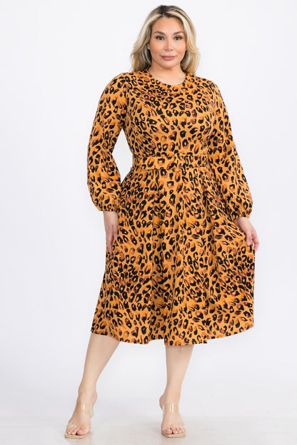 2930AN Animal Skin Long Sleeves Flare Plated Midi Dress With Belt, Invisible Back Zipper and Pockets