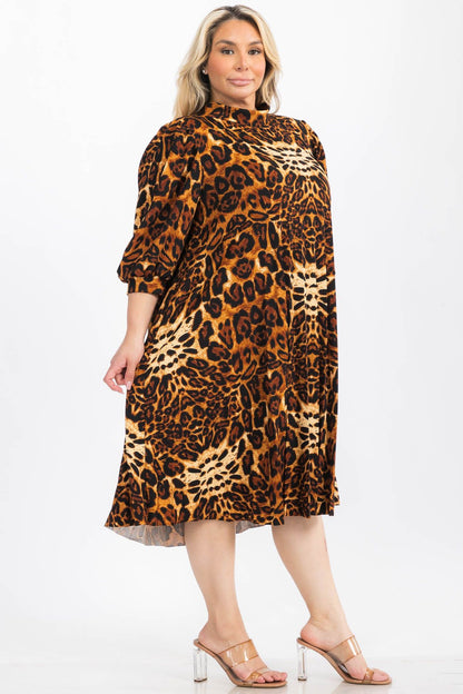 Plus Size Animal Skin Print Bishop Sleeves Pleated Knee Dress with Bow Tie Back