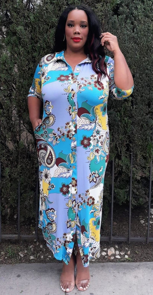 Hi Curvy  Plus Size Women Paisley Print Button Down Midi Dresses