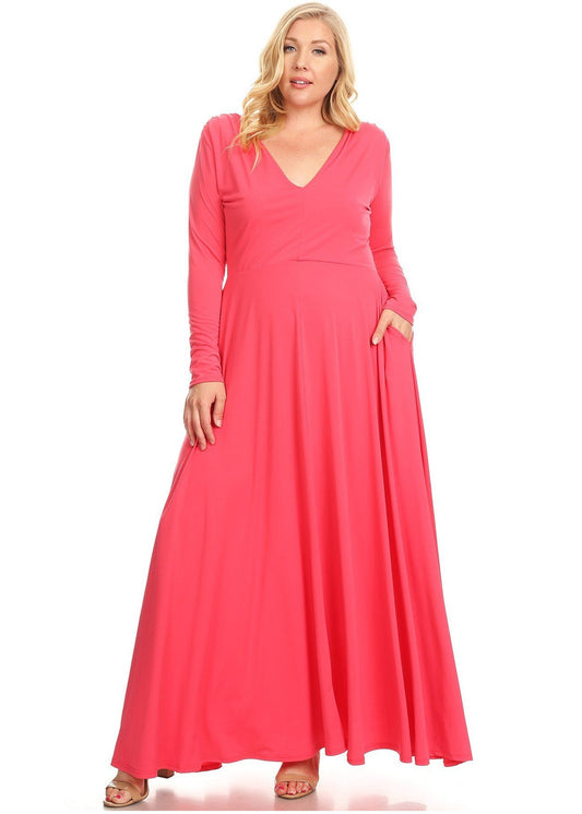 Plus Size Long Sleeves V-Neck Flare Maxi Dress