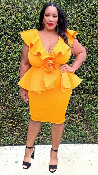 2899 Plus Size Ruffed Hem Wrap Front Flower Design Peplum Dress