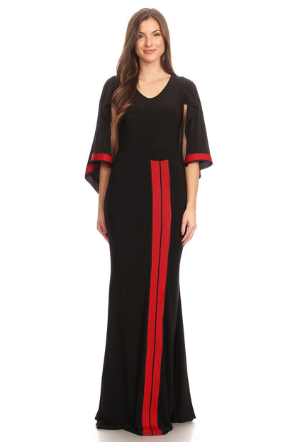 Women Chic Elegant ruffle sleeves V-Neck Dress with Red Trim Flare Maxi Dress