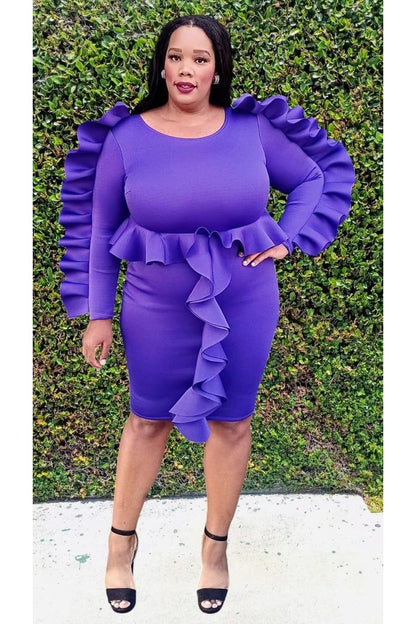2931 Plus Size Long Sleeves Round Neck Ruffle Around Meddle Dress