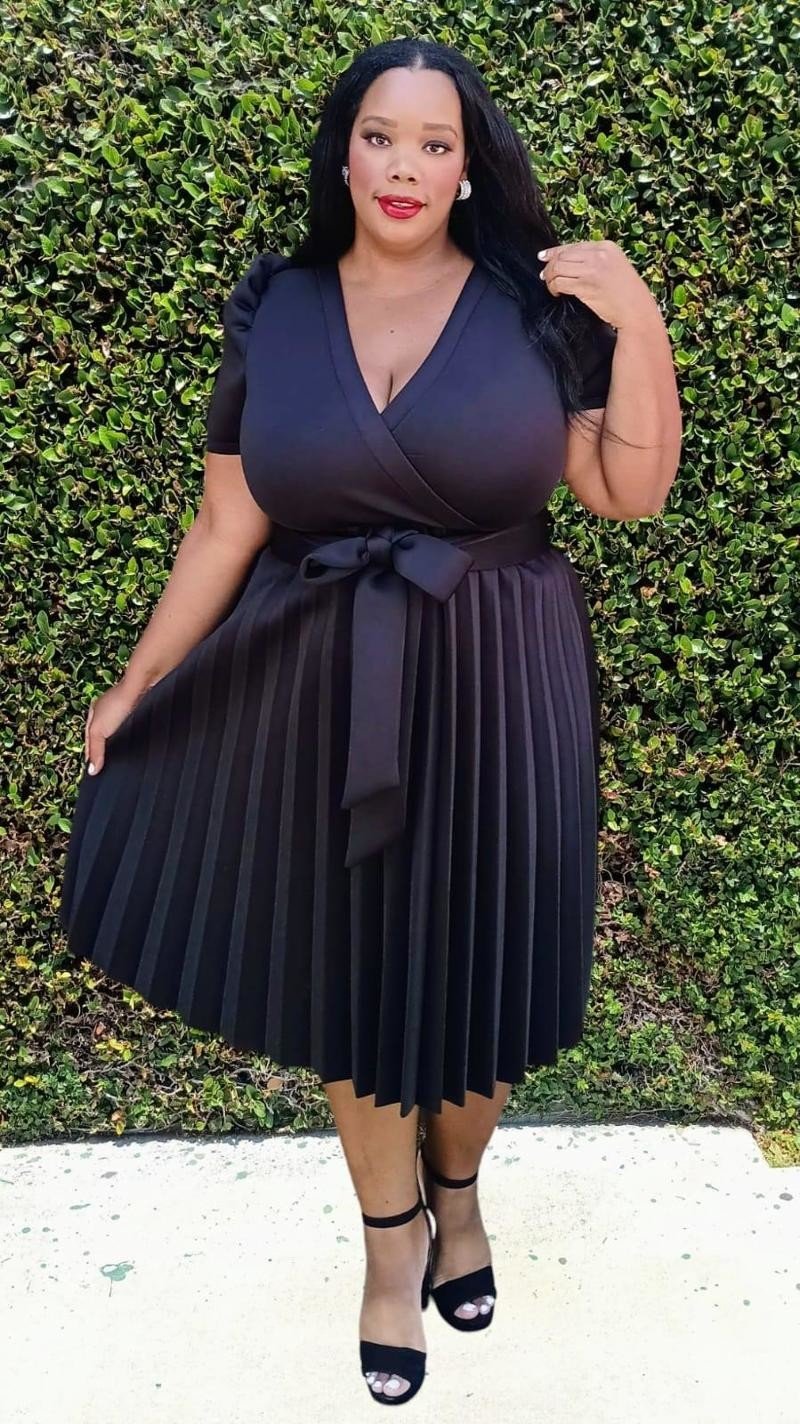 Plus Size Short Puff Sleeves Pleated Wrap Front Flare Midi Dress with Belt