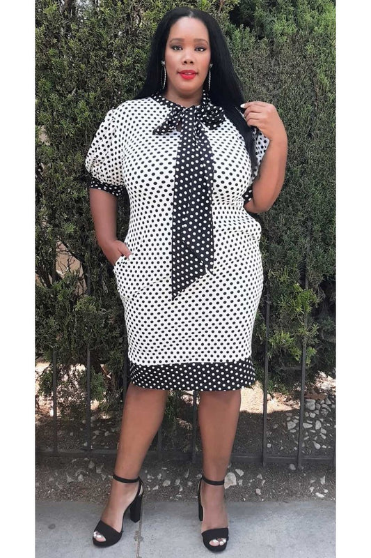 Plus Size  Bow Tie Neck Polka dots  Midi Dress with Pocket