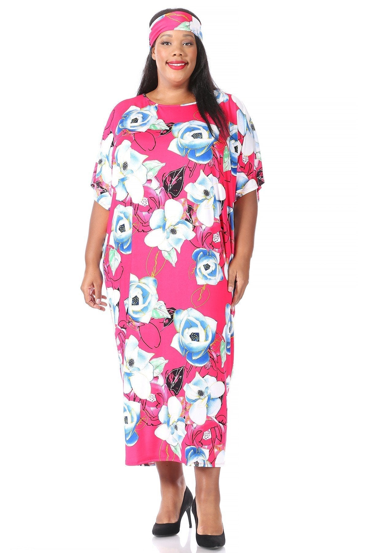 Plus Size Women Flora Print Midi Shift Dress with Headscarf