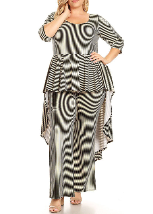 HI Curvy Plus Size Women Striped Hi- Low Peplum Top & Pants Set