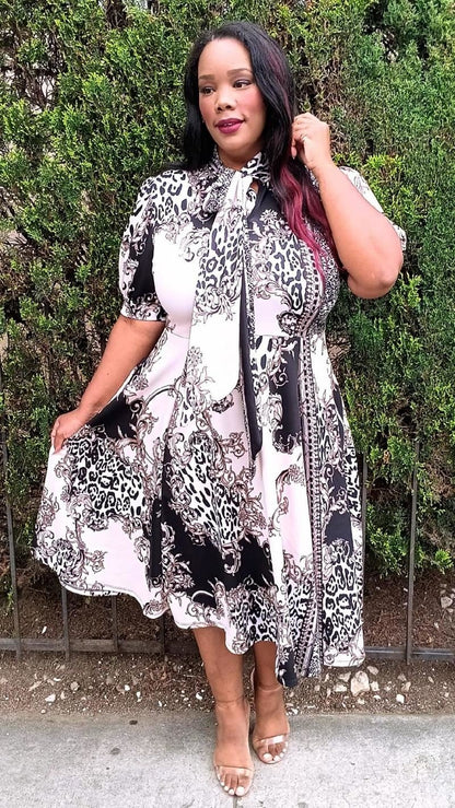 Plus Size Multi Print Bow Collar Fit & Flare Midi Dress